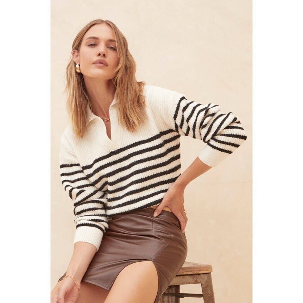 Lulus Pleasant Comfort White And Black Striped Collared Sweater - Size S